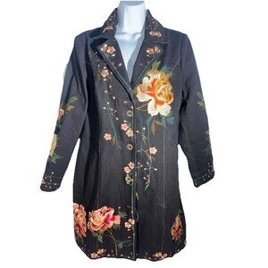 PAPARAZZI BY BIZ Black Floral Embroidered Art To Wear Cotton Coat Women Medium M